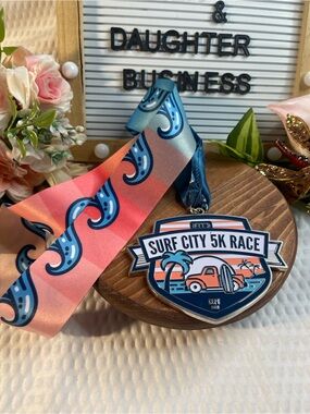 Surf City 5K Race Medal with Pink & Blue Ribbon